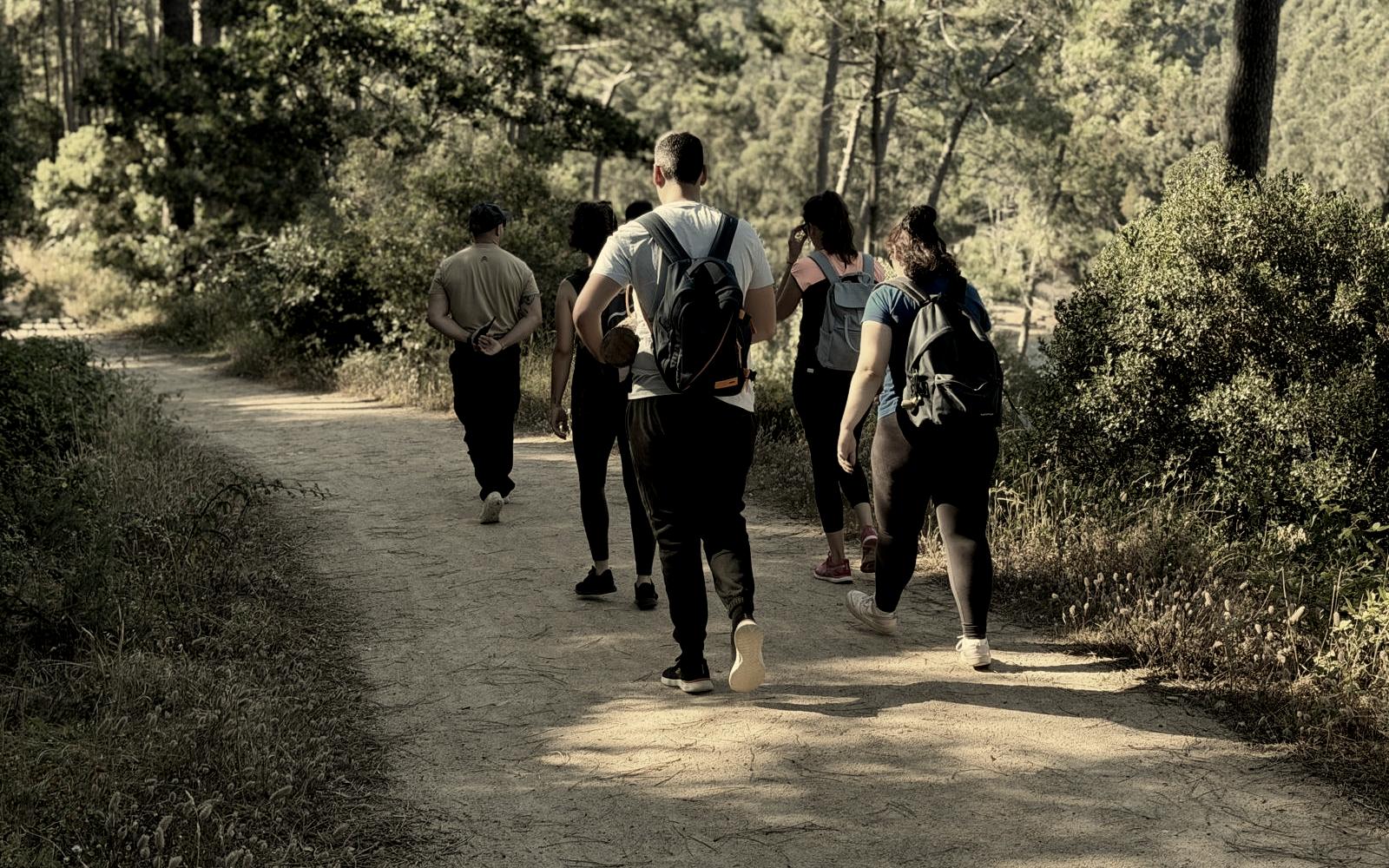 Grupo em marcha por um trilho durante um bootcamp outdoor da ARM Group